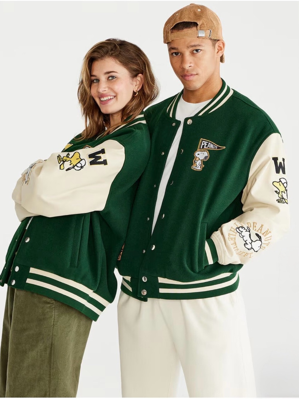 Peanuts Adult Green & Cream Varsity Jacket with Snoopy Patch
